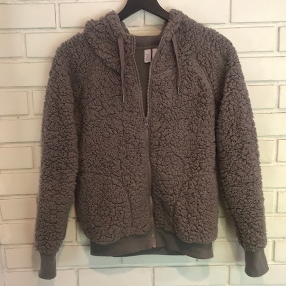 Z by Zella Bomber Fleece Hooded Sherpa Gray Jacket Size Medium - Picture 13 of 13